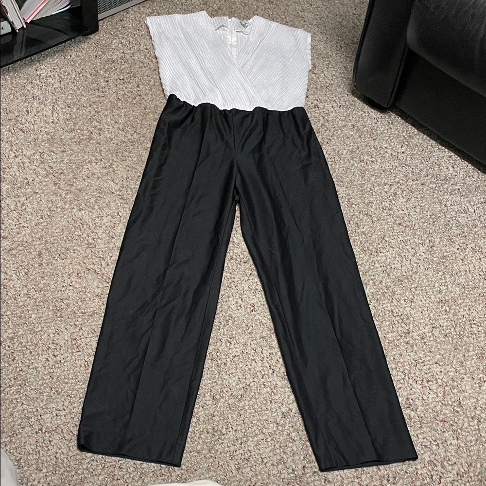 Vintage 80s silver metallic foil striped wrap top with black pant Jumpsuit